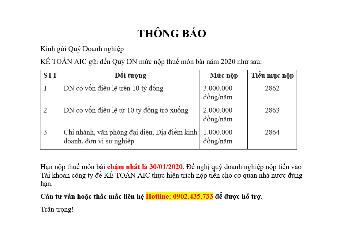 Mức nộp và hạn nộp lệ phí môn bài năm 2020